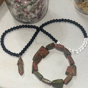 Unakite, Matte Onyx & Clear Quartz Necklace And Unakite Bracelet/ Anklet Bundle